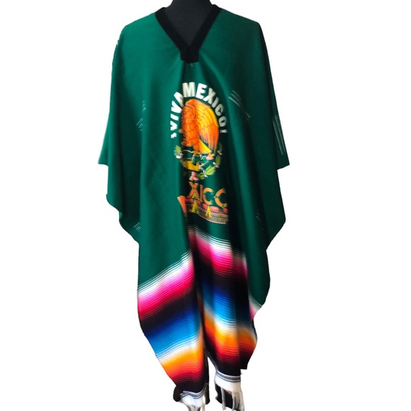 Mexican Serape Woven Fringe Poncho with VIVA Mexico Logo Motif One Size Unisex - Picture 1 of 12